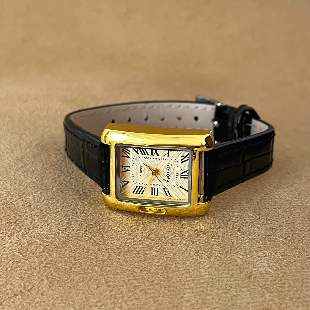 Vintage Square Roman Numeral Watch - Black Strap Gold Case Gold Dial [P41CBFO7]