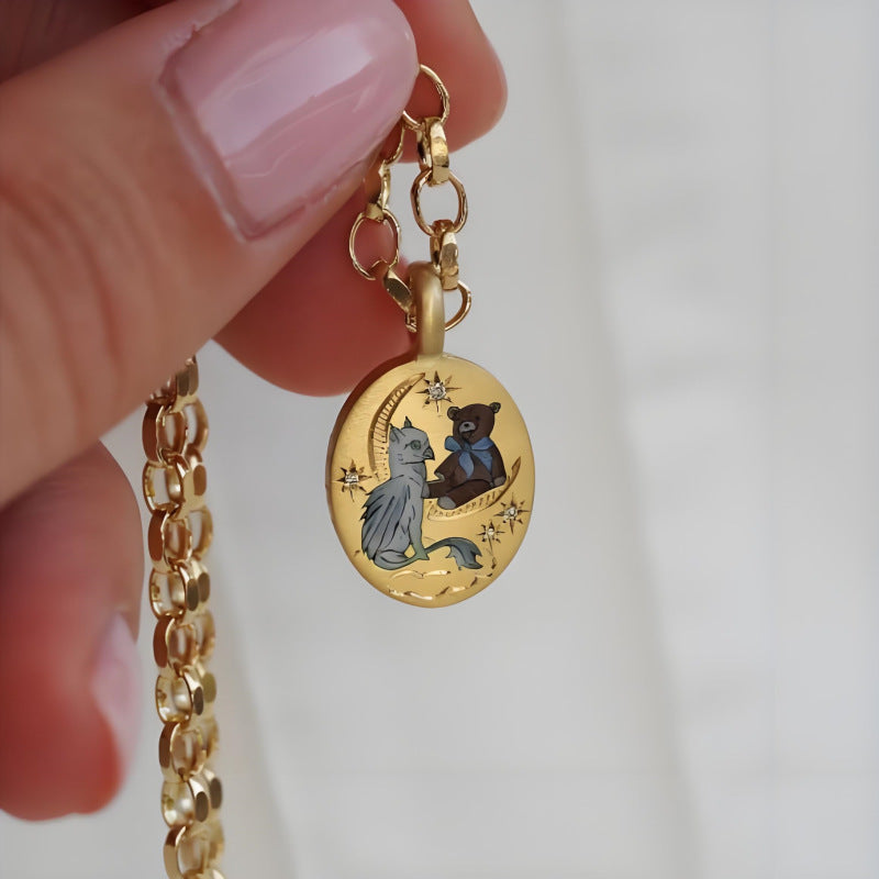 Katya Delicate Charm Necklace - Black & White Kitten Charm [JC89XB6K]