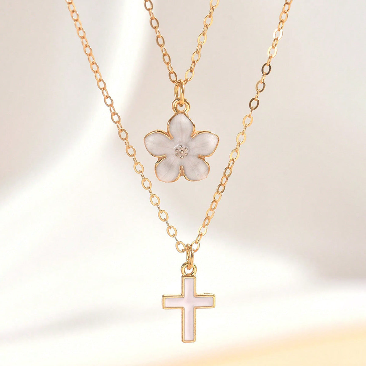 Leilah Bloom Cross Necklace - White Cross Flower Necklace [RIAUEA94]