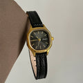 Retro Square Dial Watch - Black Strap Gold Case Black Dial (Leather) [D7PX9HAG]