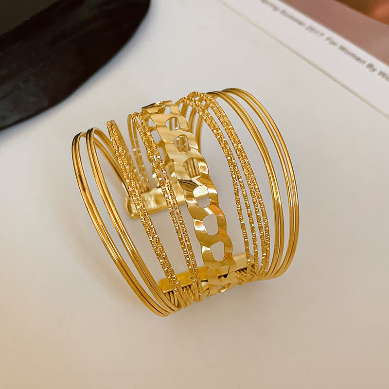 Cyra Statement Cuff Bracelet - Gold Geometric Layered Cuff [EHN3CCNC]