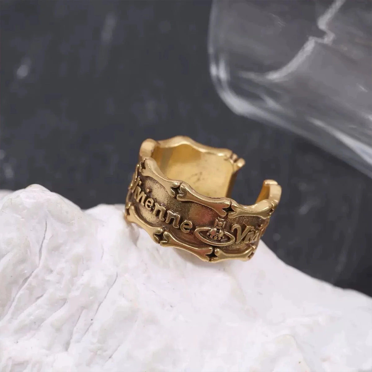 Black Gold Iris Flower Ring Set - Black Gold Letter Ring [6NM3SF1R]