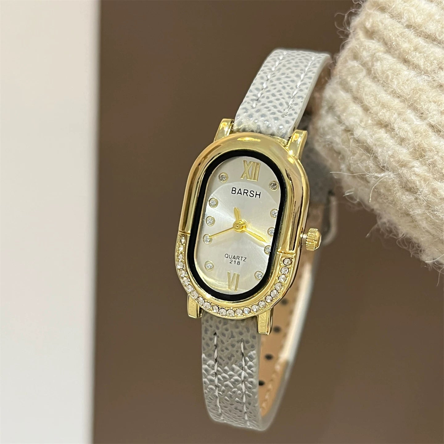 Vintage Oval Dial Leather Watch - Grey Strap Gold Case White Dial / Roman Numeral Dial (218) [X0CJPP8T]