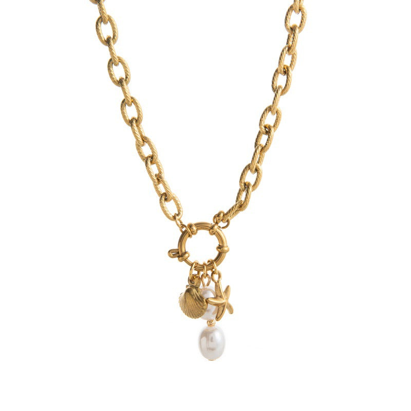 Dainty Charm Pendant Necklace - Double Pearl Star Shell Necklace [C38QHY9O]