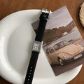 Mirabel Rectangular Leather Watch - Black Strap Silver Frame White Dial [77N6MHB5]