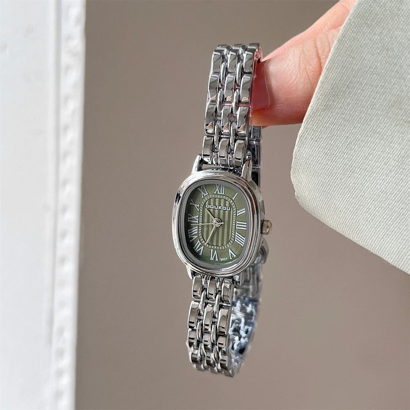 Daisy Dial Bracelet Watch - Silver Strap Green Dial Oval Roman [C8SCA6AX]