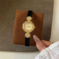 Vintage Camellia Leather Strap Watch - Black Strap Gold Case Gold Dial [GT5PEZV9]