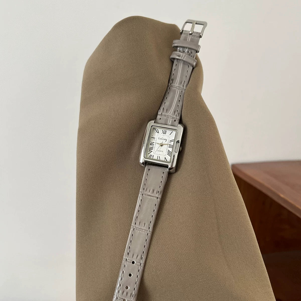 Vintage Square Roman Numeral Watch - Grey Strap Silver Case White Dial [NLVWOZ74]