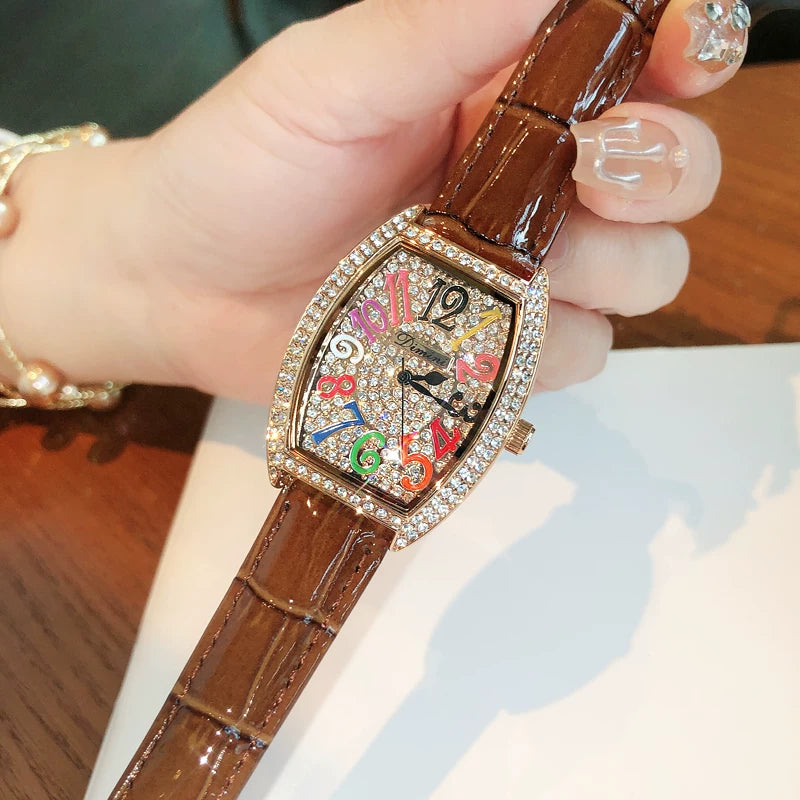 Rhinestone Tonneau Leather Strap Watch - Elegant Brown [4TYVWAC2]