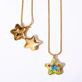 Heart Locket Pendant Necklace - Green Star - Round Snake Chain [MP4KFDAU]