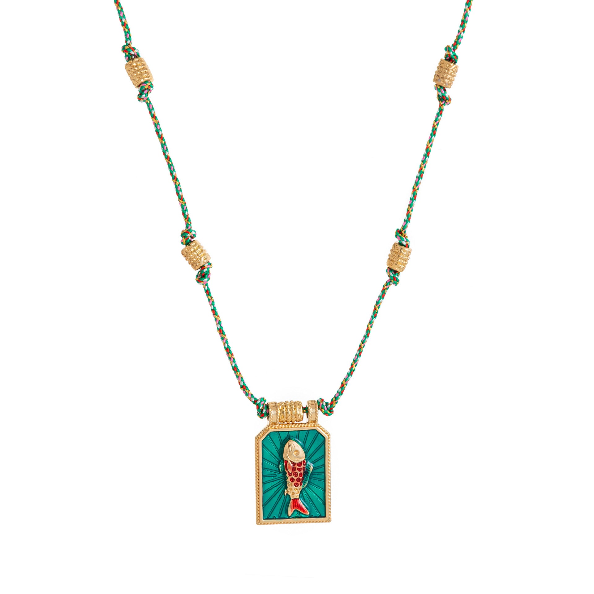 Color Cord Pendant Necklace - Green Fish Necklace (With Beads) [Y0SWBSZW]
