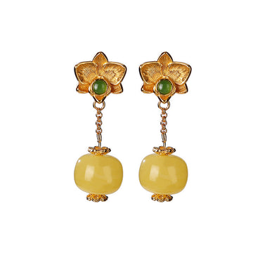 Diana Floral Jade and Honey Amber Drop Earrings