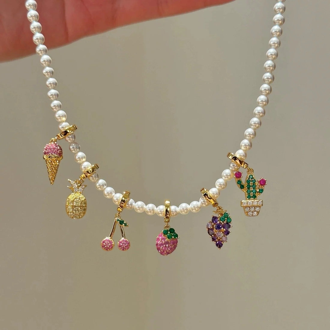 Pearl Necklace with Sparkling Fruit Charm - Pearl Necklace with Various Sparkling Fruit Charms [ZWVZKMEY]