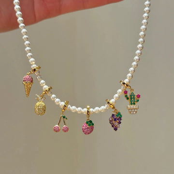Pearl Necklace with Sparkling Fruit Charm - Pearl Necklace with Various Sparkling Fruit Charms [ZWVZKMEY]