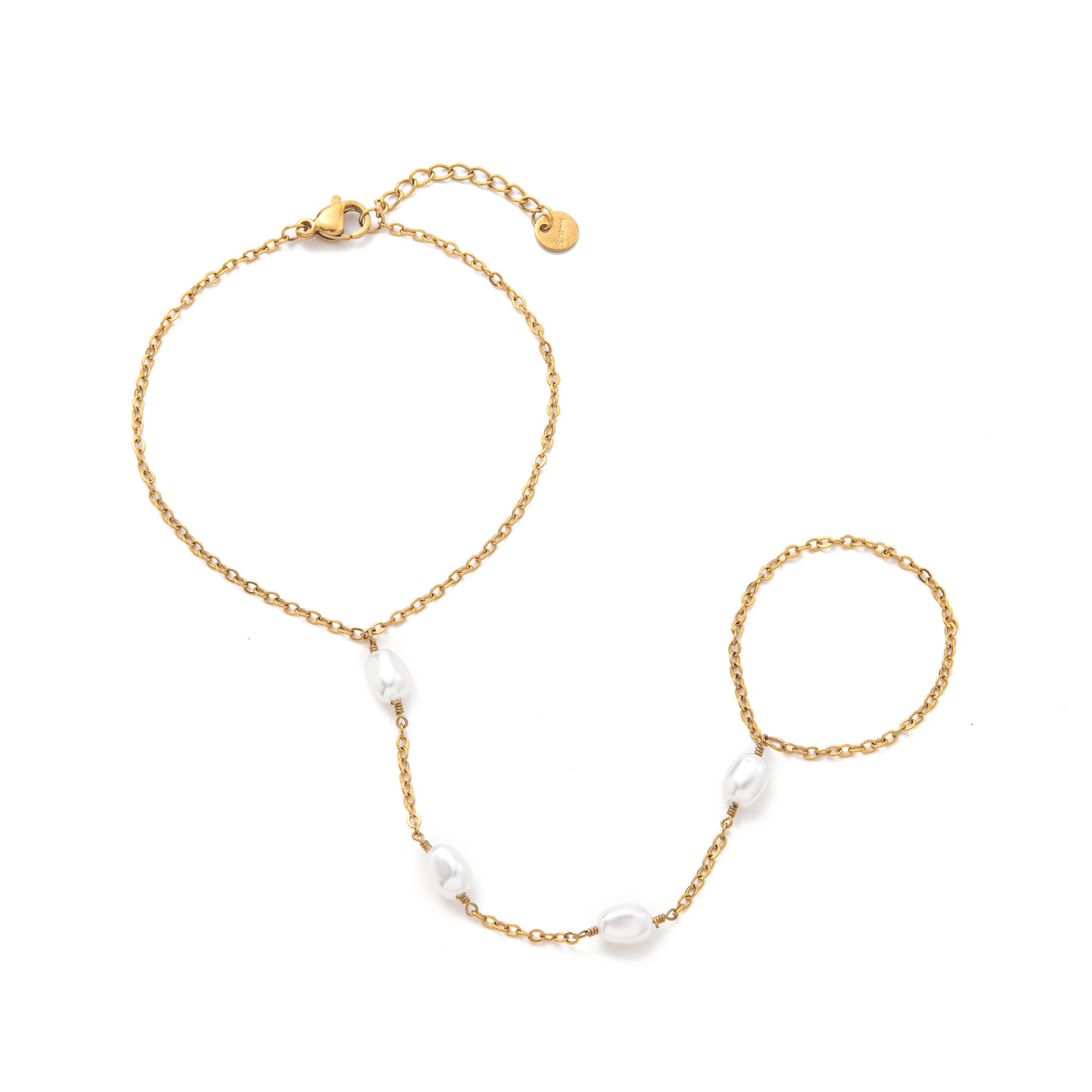 Elliette Gold Plated Finger Chain Bracelet - Finger Chain - Four Pearls [9I9WO17H]