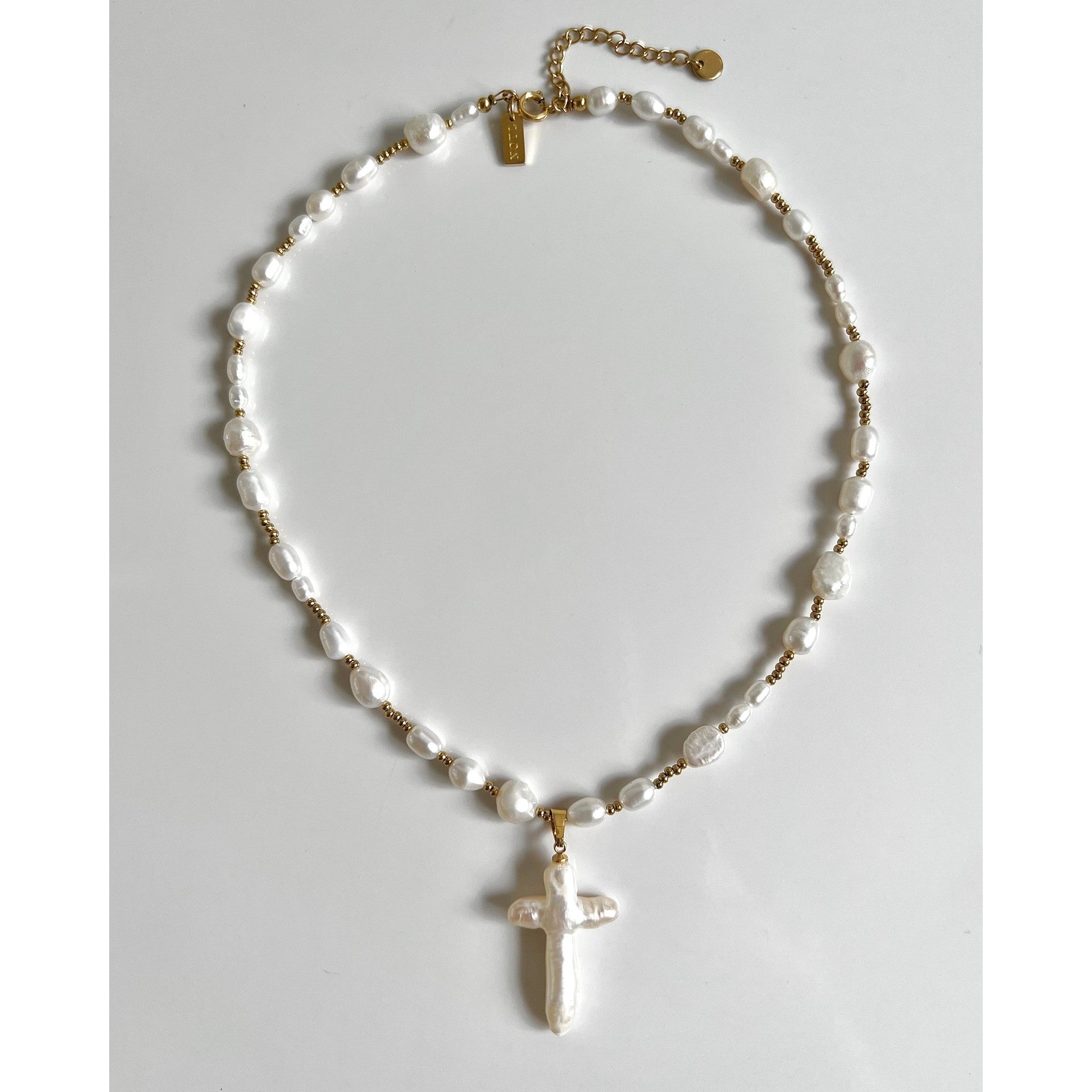Baroque Pearl Cross Pendant Necklace - 珍珠链条大十字架 [QUEYHU6L]