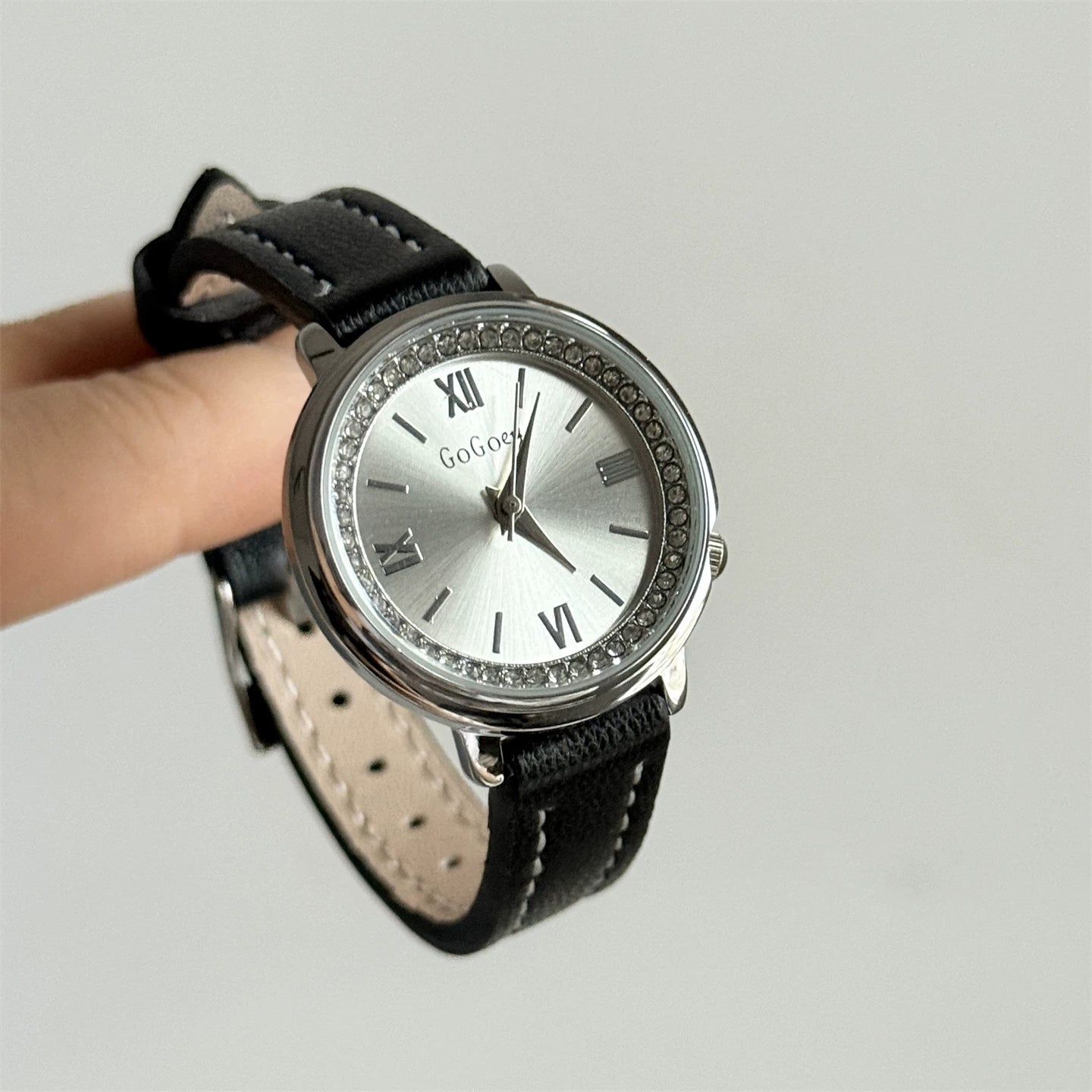 Round Small Dial Wrist Watch - Black Strap Silver Case White Dial [QWO9HFNO]