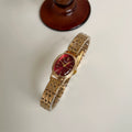 Oval Vintage Leather Strap Watch - Gold Strap Red Face (Steel) [GAUFXGZE]