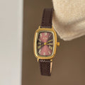 Vintage Square Dial Leather Watch - Dark Coffee Gold Frame Coffee Face / Litchi Pattern [WRANJAF9]