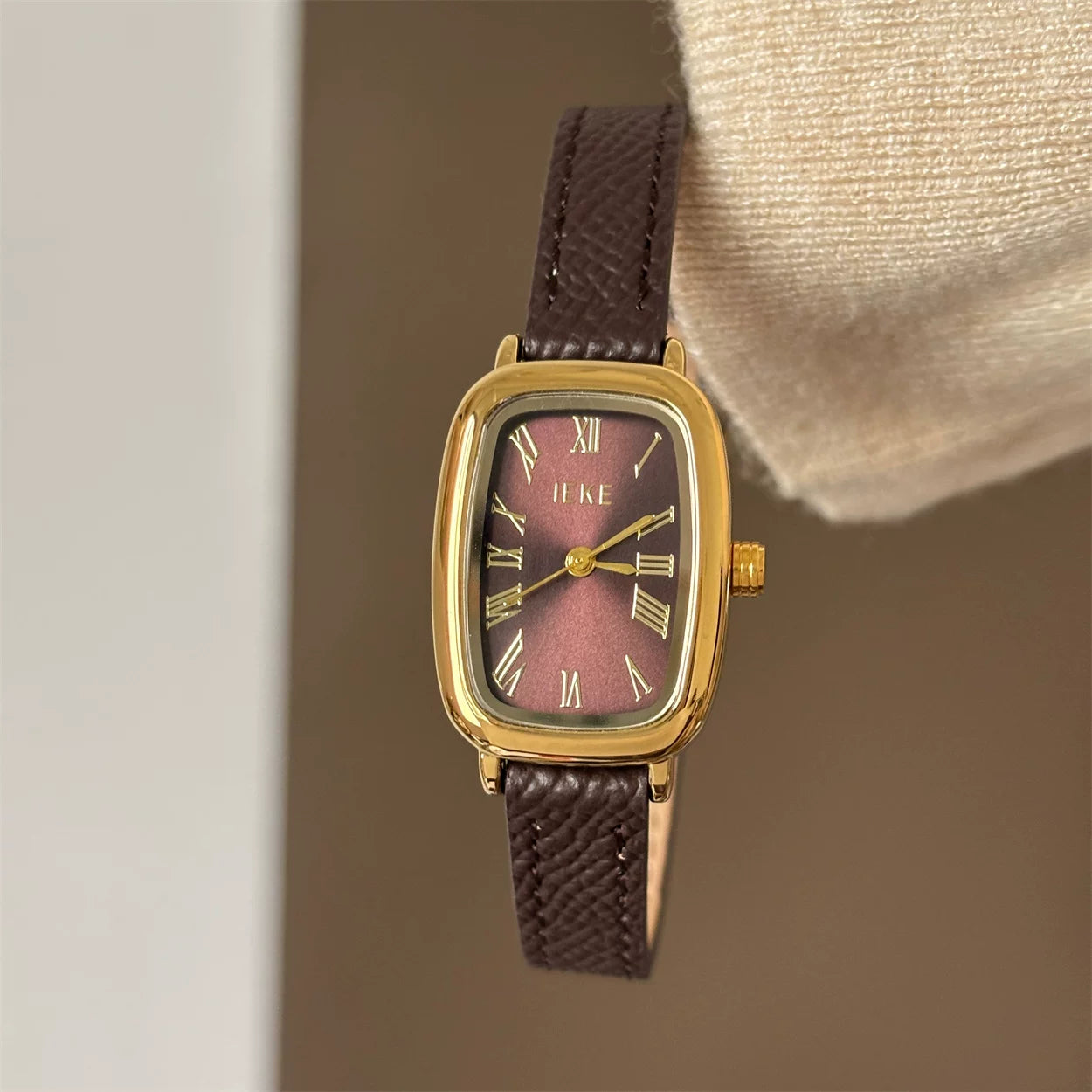 Vintage Square Dial Leather Watch - Dark Coffee Gold Frame Coffee Face / Litchi Pattern [WRANJAF9]