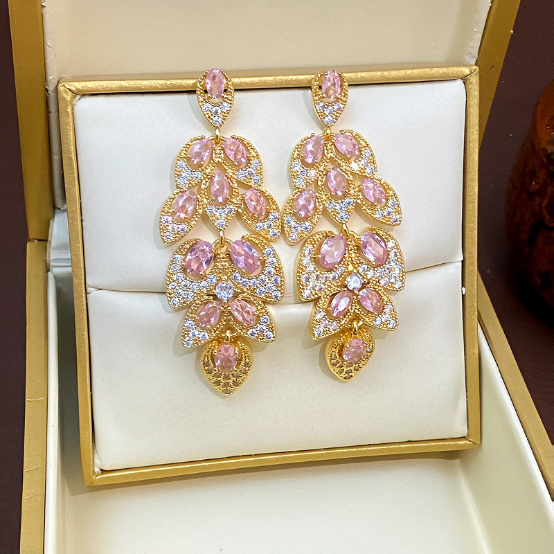 Avangeline Zircon Leaf Earrings - Gold-Pink [S0GEC5JC]