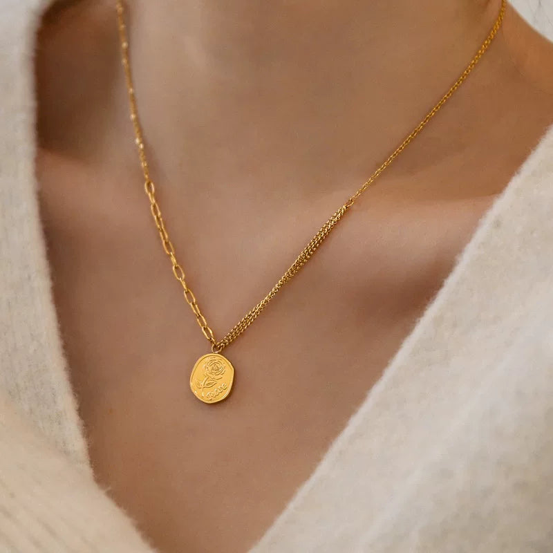 Rose Pendant Chain Necklace - Gold [4593JTCV]