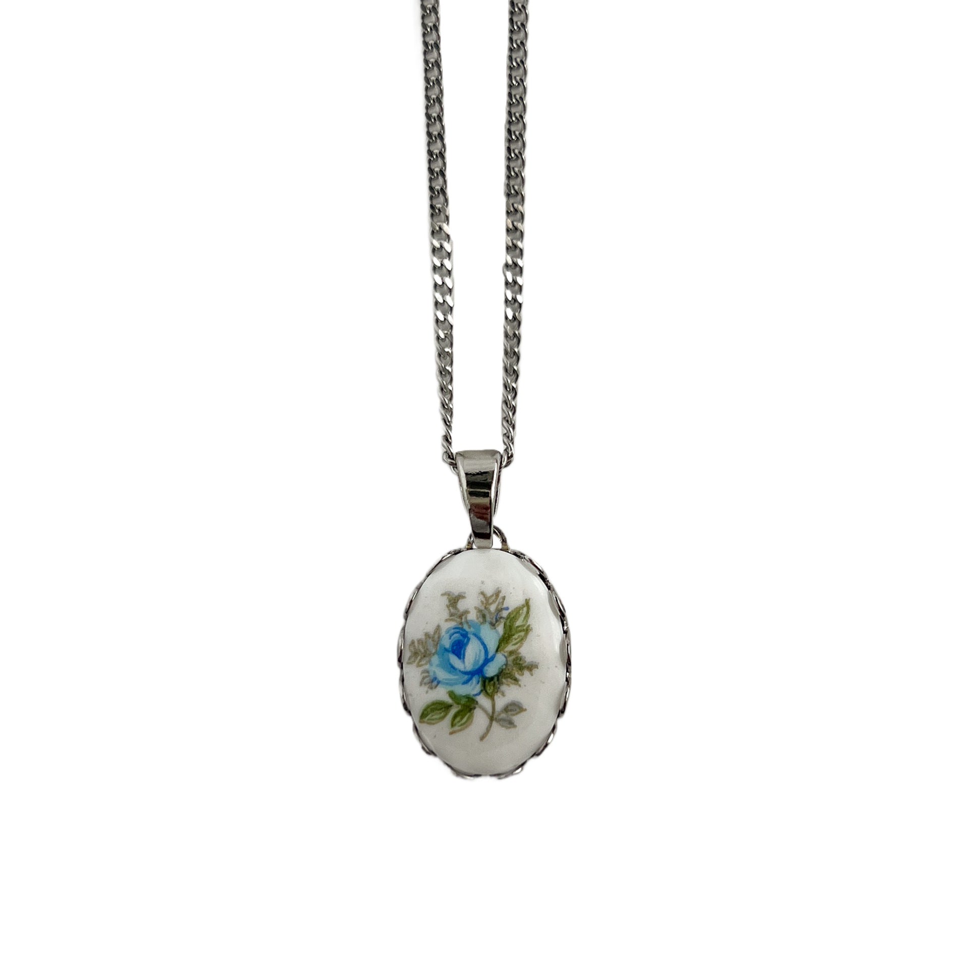 Ayelen Painted Pendant Necklace - Oval Blue Flower Necklace [MFPD9AJE]