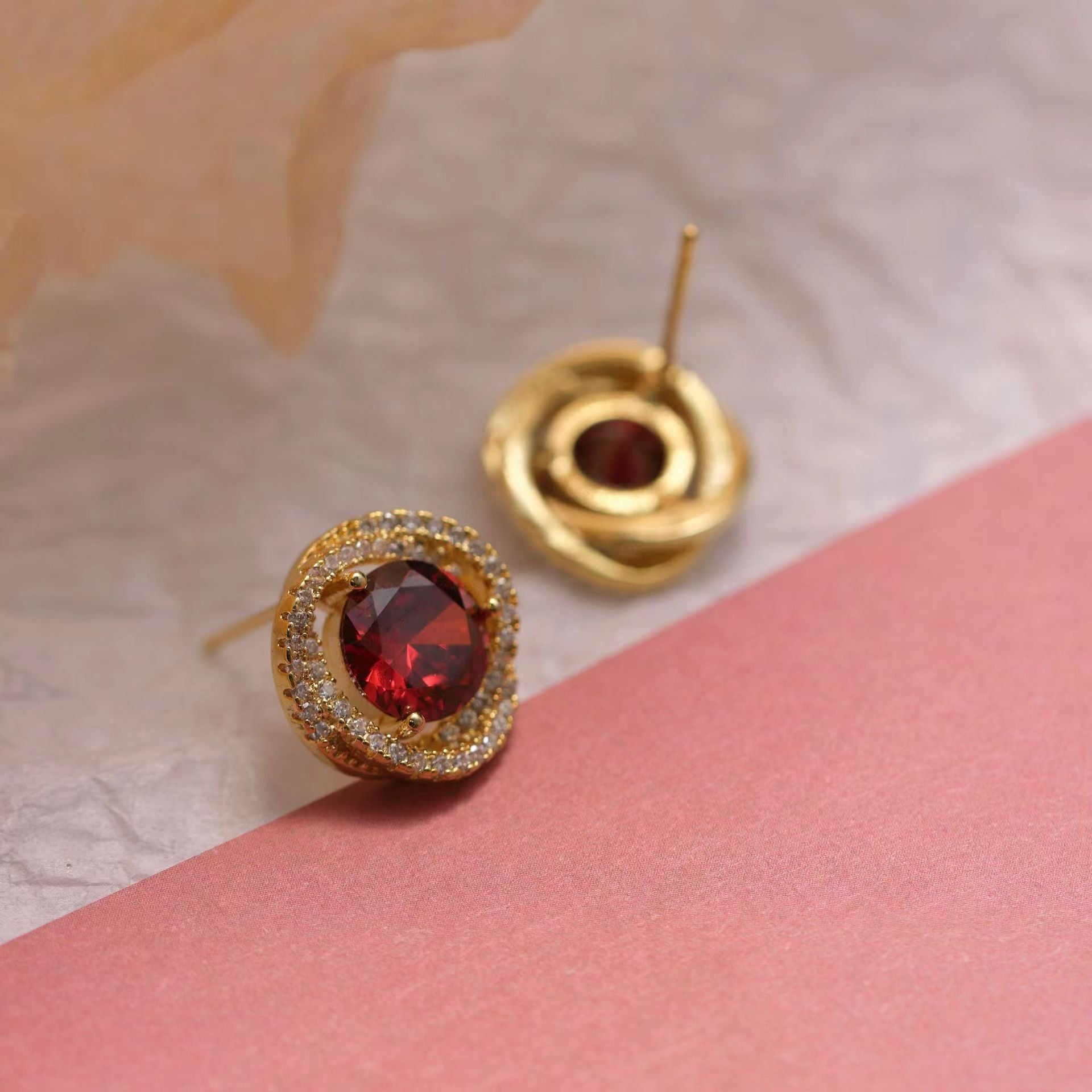 Jolynn Hollow Garnet Zircon Earrings - Red Stud Earrings [SHOH3I5U]