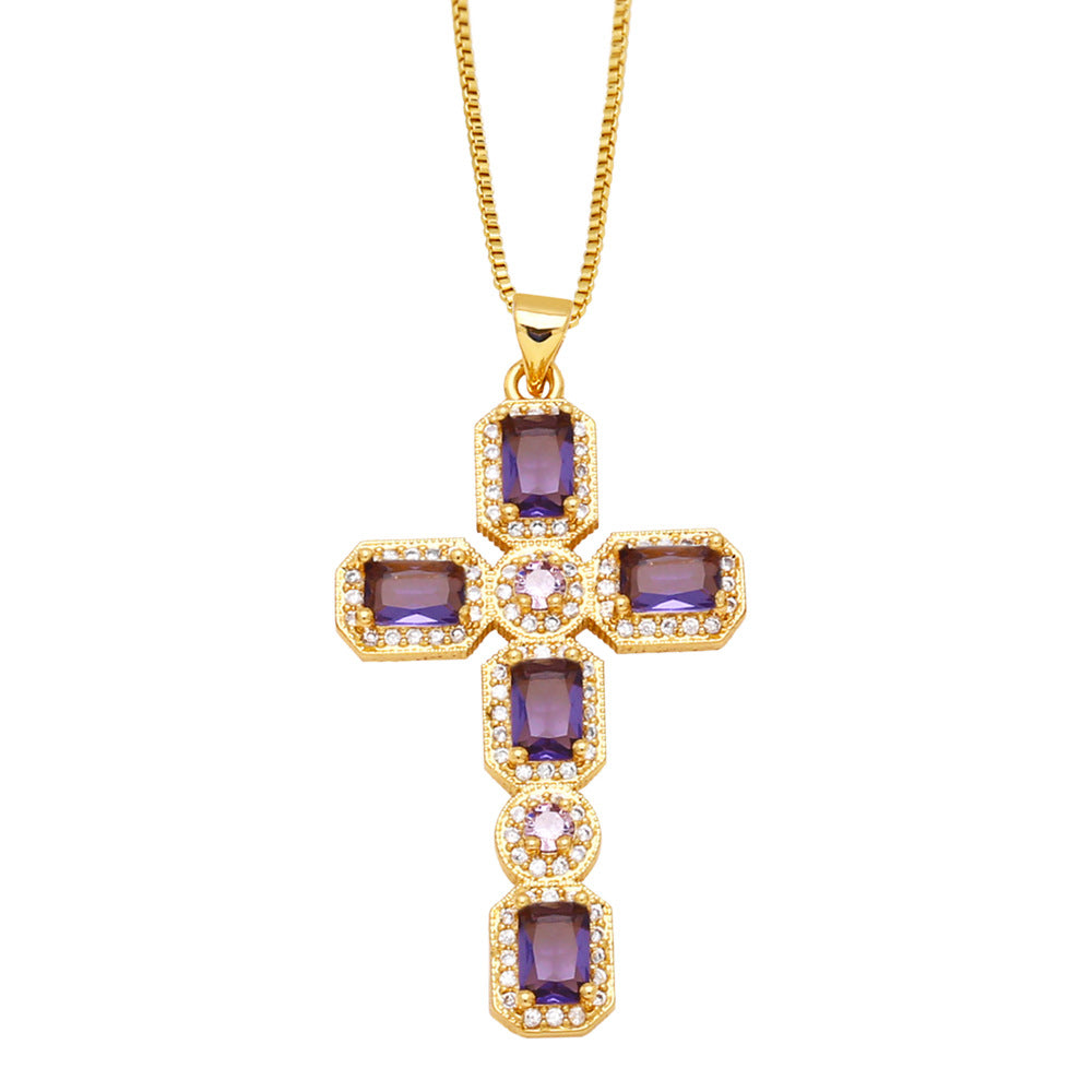 Ayva Zircon Cross Necklace - Purple [I6O2DRSI]