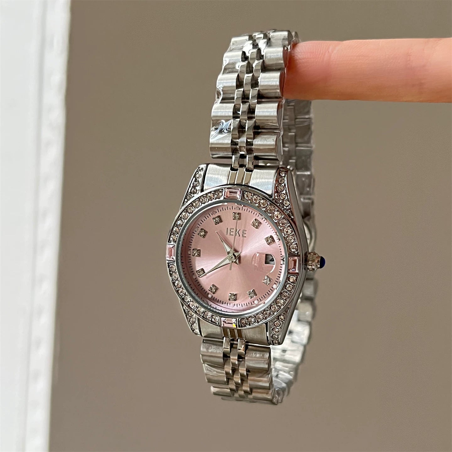 Dainty Round Dial Bracelet Watch - Silver Band Pink Dial [X3J2FBSG]