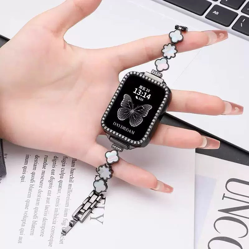 Mother-of-Pearl Clover Watch Strap - Black (Band + Bling Case) [99RDOBQZ]