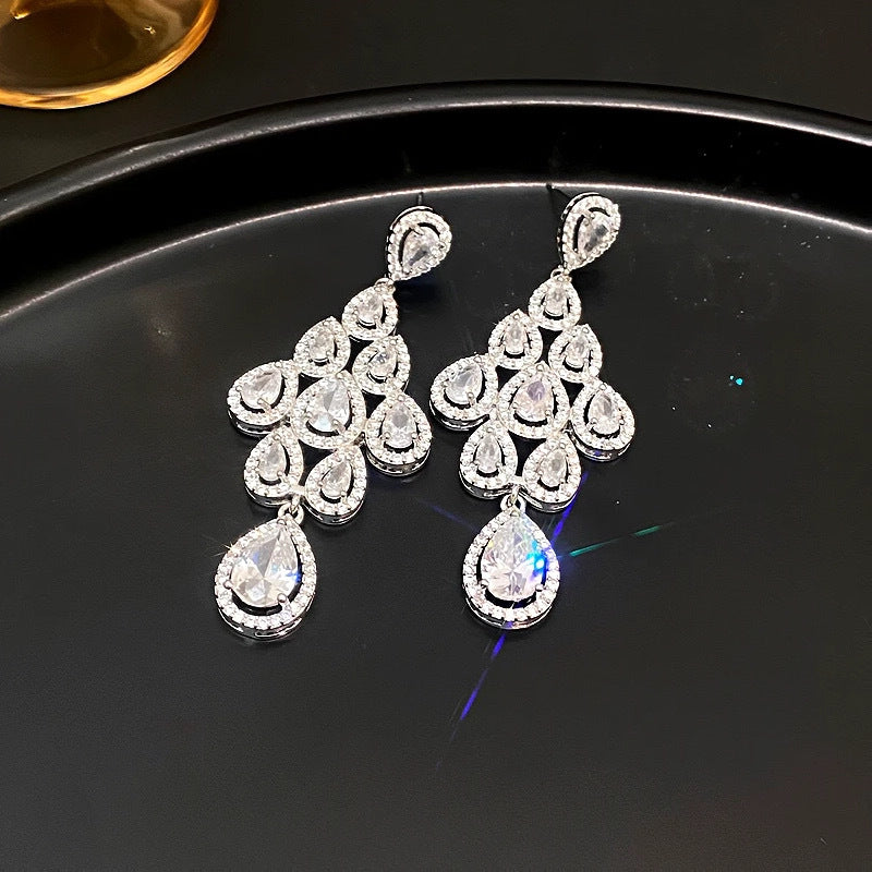 Laurie Zircon Leaf Tassel Earrings - Silver White [LAQMPTID]