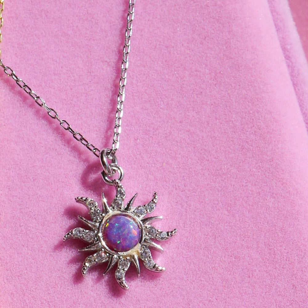 Aariyah Opal Zirconia Pendant Necklace - Purple Opal Necklace (Silver) [0I9YM2KI]