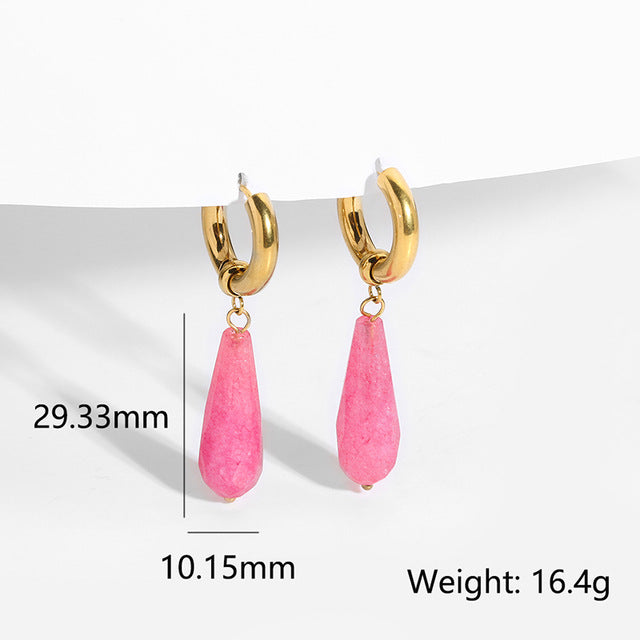 Shanvi Natural Stone Drop Earrings - Pink Stone Gold Drop [QWVHKZ5B]