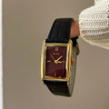Ivyonna Rectangular Leather Watch - Black Strap Gold Frame Red Face [RKZFIIF6]