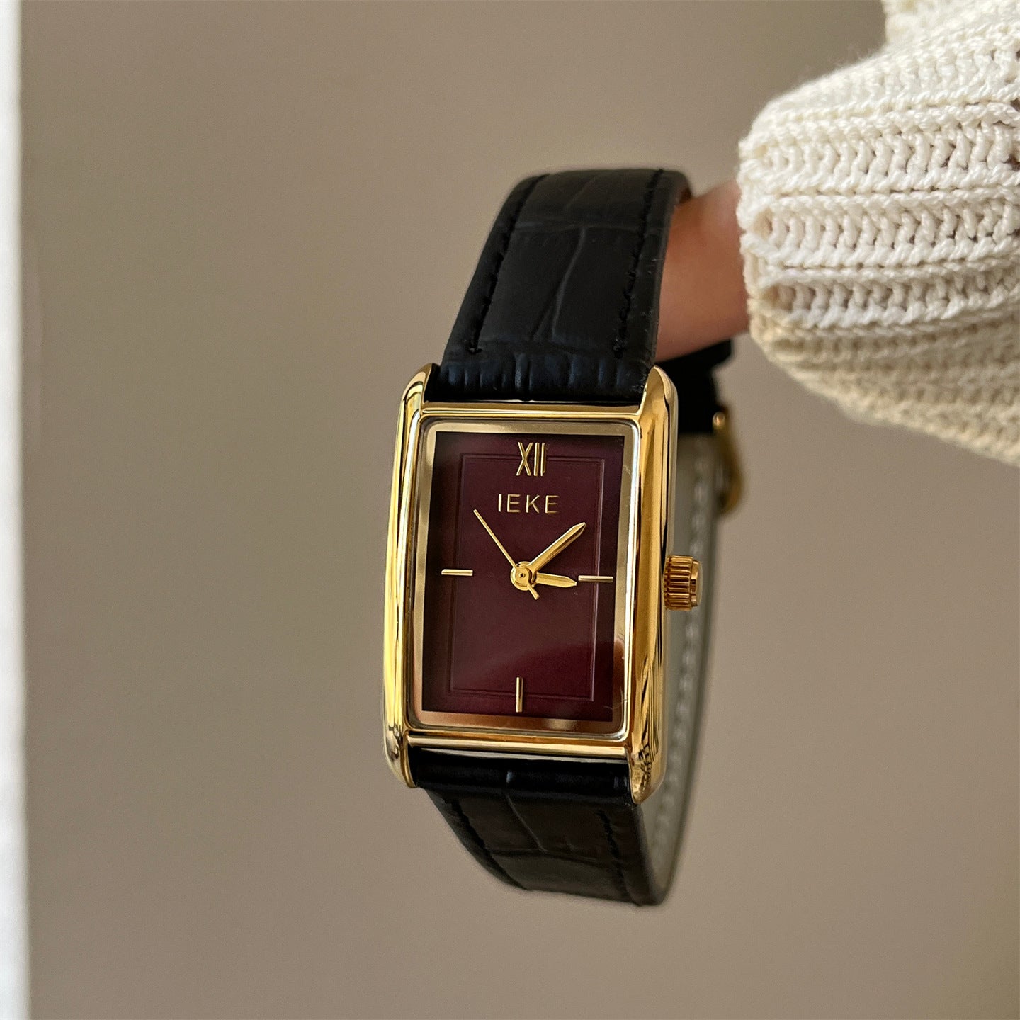 Ivyonna Rectangular Leather Watch - Black Strap Gold Frame Red Face [RKZFIIF6]