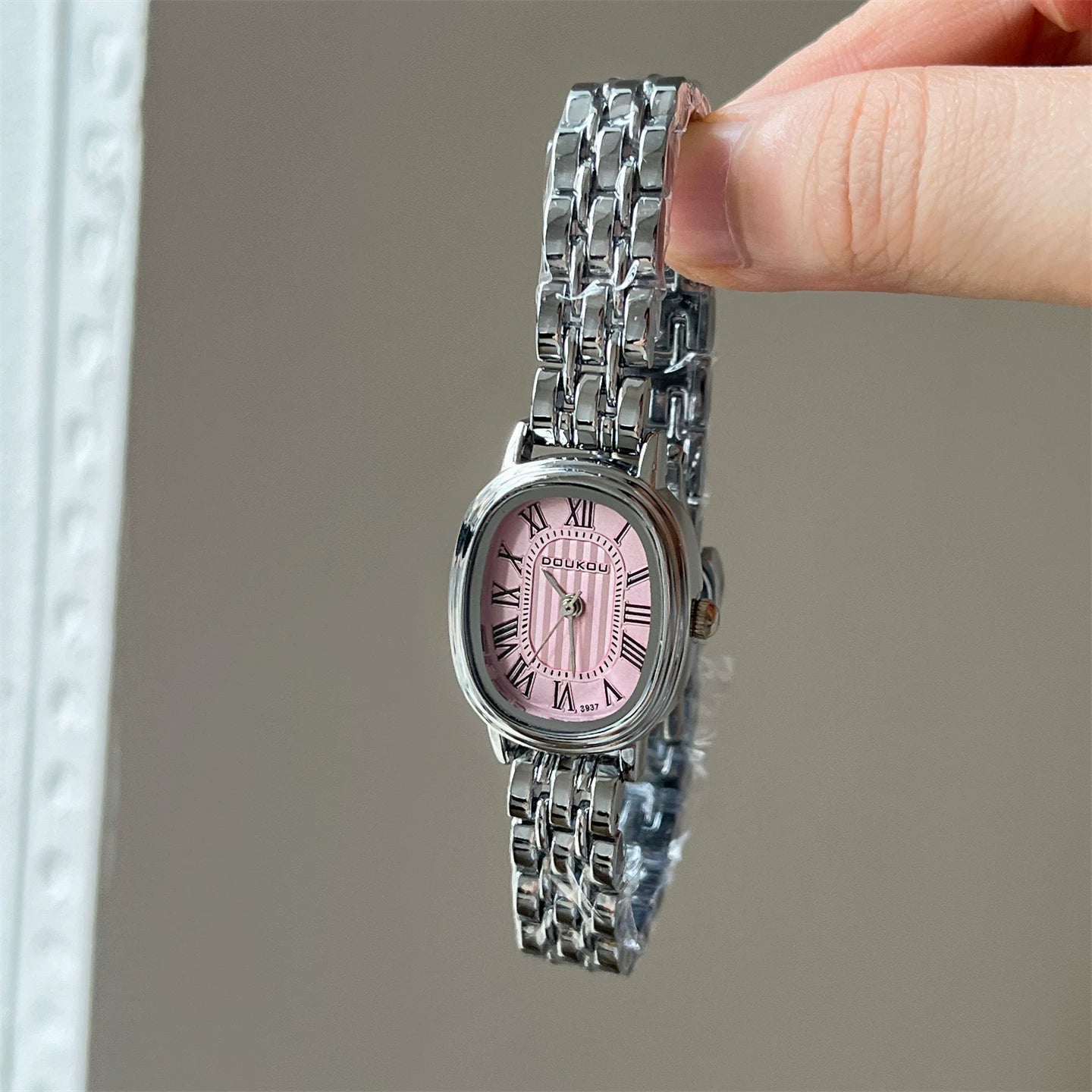 Daisy Dial Bracelet Watch - Silver Strap Pink Dial Oval Roman [E2X45AI9]