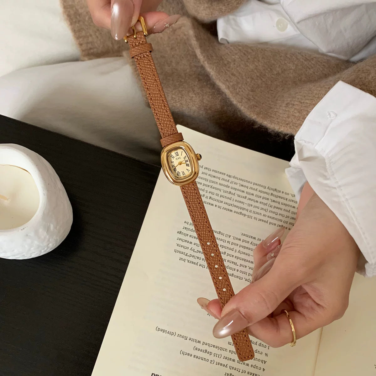 Vintage Square Dial Watch - Brown Strap Gold Dial (Leather Strap) [EK7P8RTY]