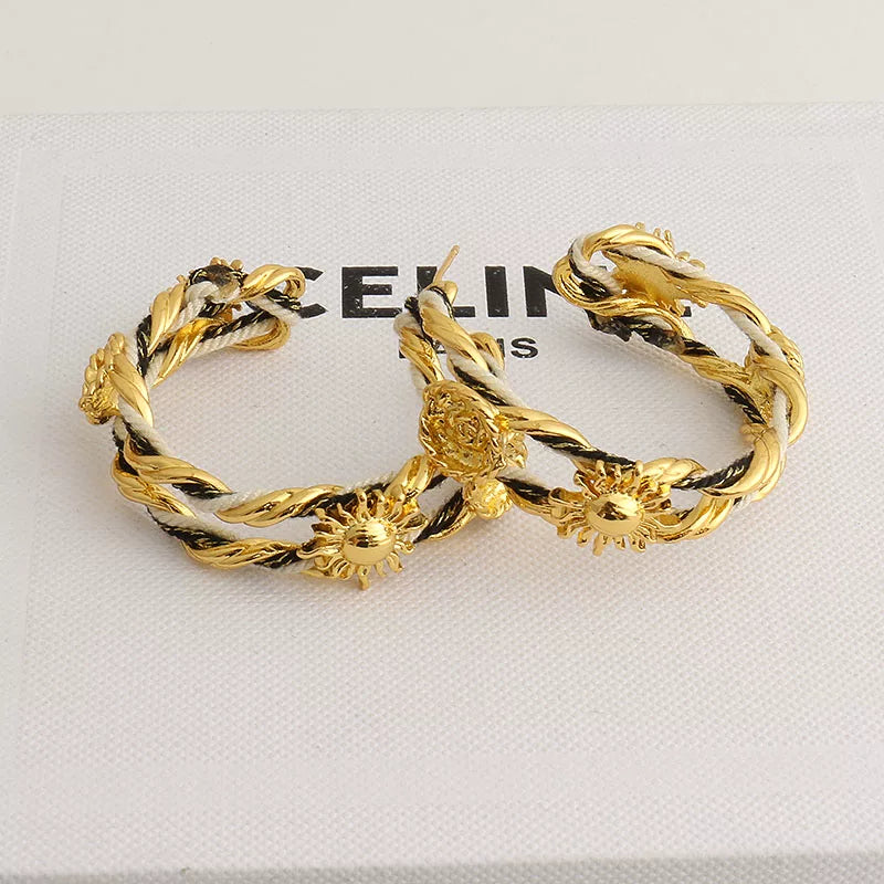 Braided Rope Sunflower Hoop Earrings - Premium Gold Large [UXXFQDP9]