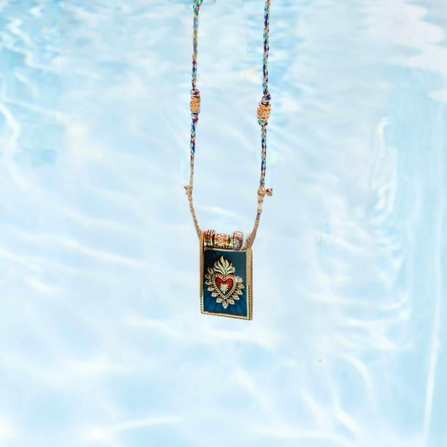 Color Cord Pendant Necklace - Heart Blue Necklace (With Beads) [GOZ8PZK7]