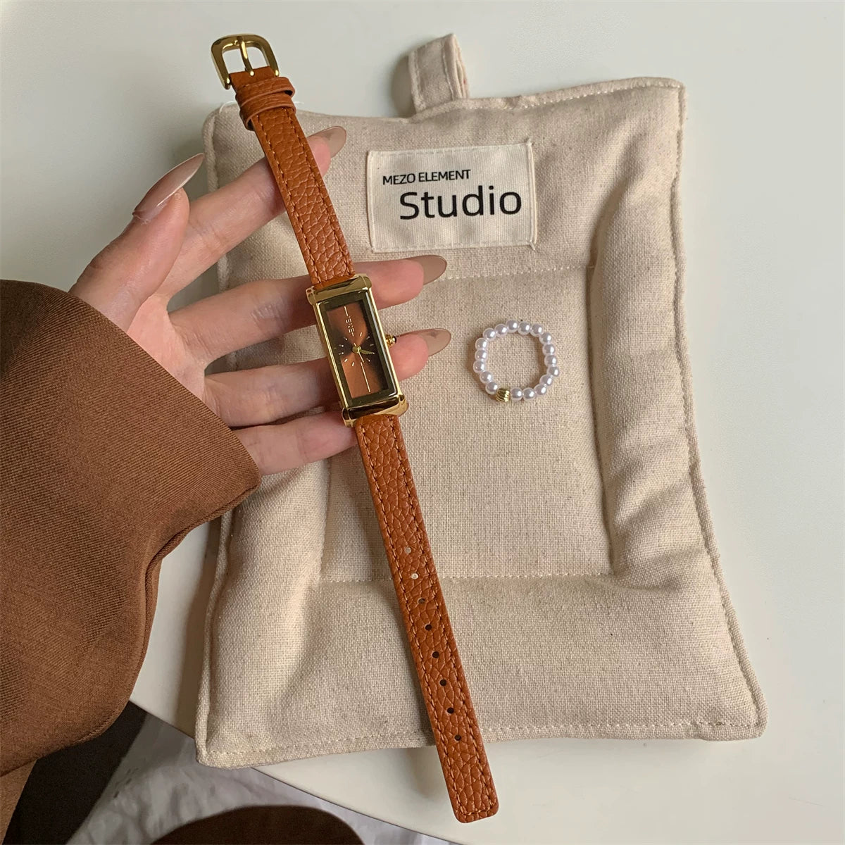 Vintage Square Dial Leather Watch - Style 5 (Orange Leather Strap) [KDPR8HB4]