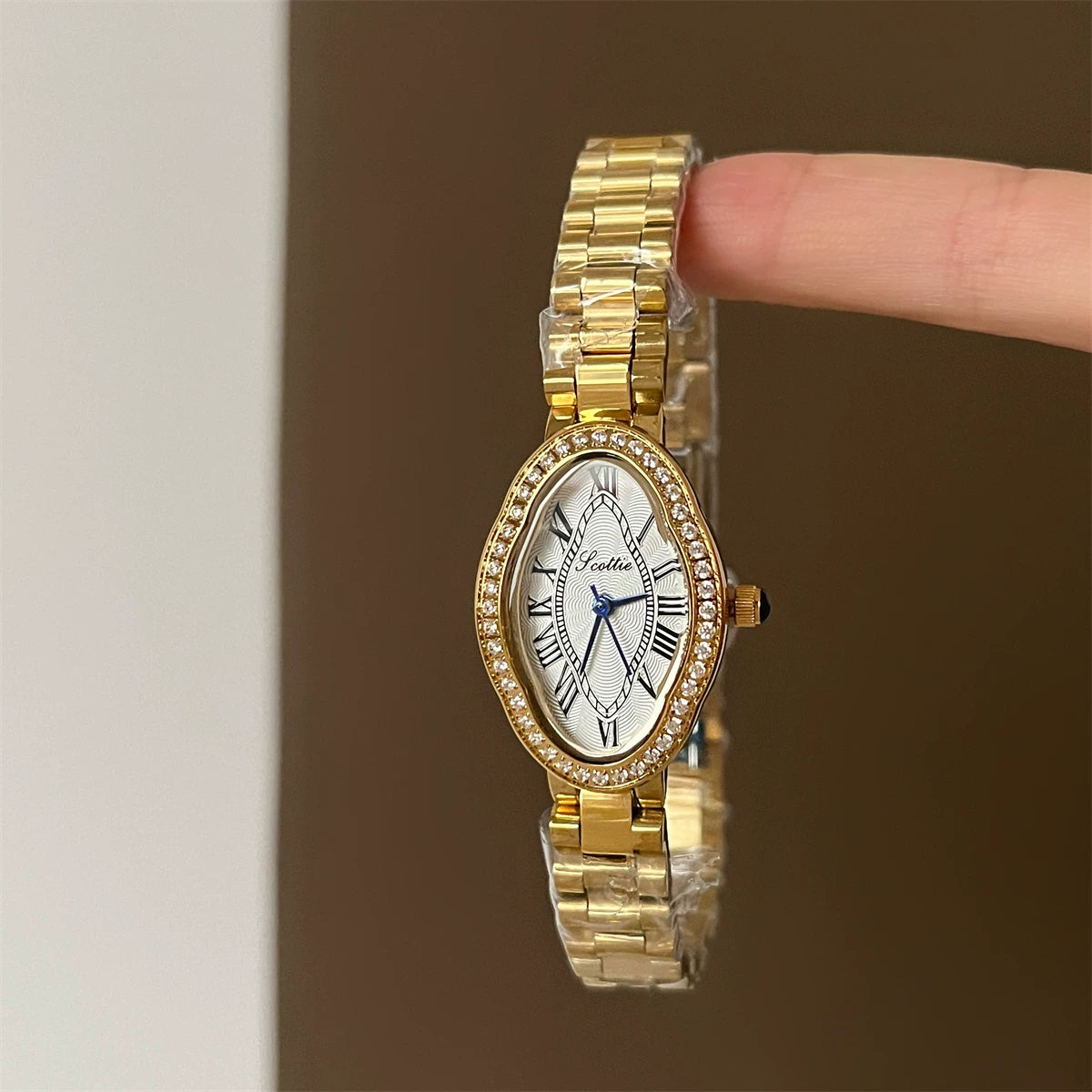 Oval Crystal Embellished Bracelet Watch - Gold Band White Face (9770 Irregular) [0P7N65XP]