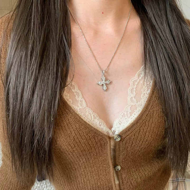 Dainty Cross Pendant Choker Necklace - Cross Rhinestone Necklace [QP0DVETH]