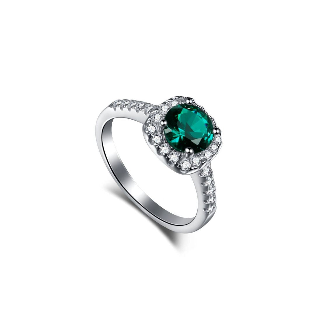 Half Circle Frame Green Crystal Sterling Silver Ring