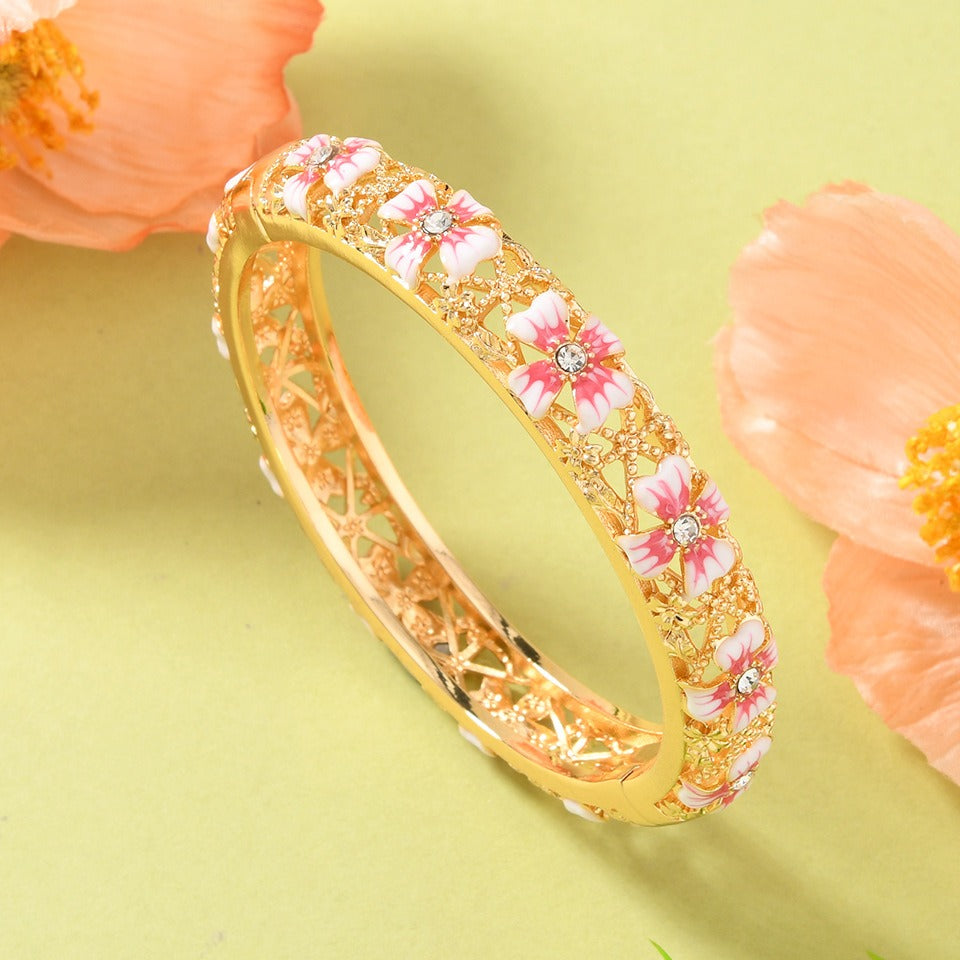 Nyra Vintage Inspired Floral Enamel Gold Bangle