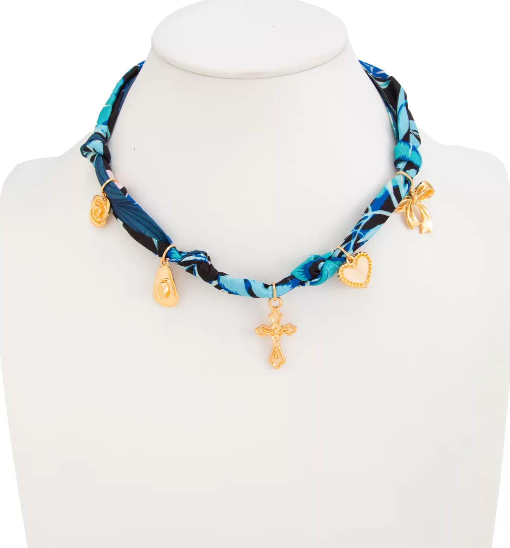 Missy Jewelry - Amarah Floral Scarf Charm Necklace - Blue Color