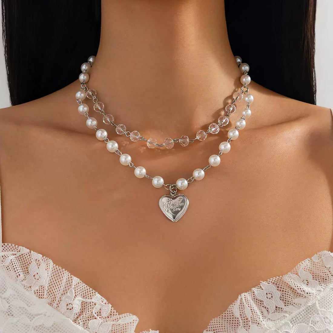 Missy Jewelry - Cataleyah Heart Pearl Layered Necklace - Heart Pearl Crystal Necklace Color