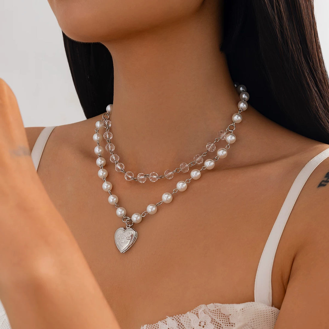 Missy Jewelry - Cataleyah Heart Pearl Layered Necklace - Heart Pearl Crystal Necklace Color