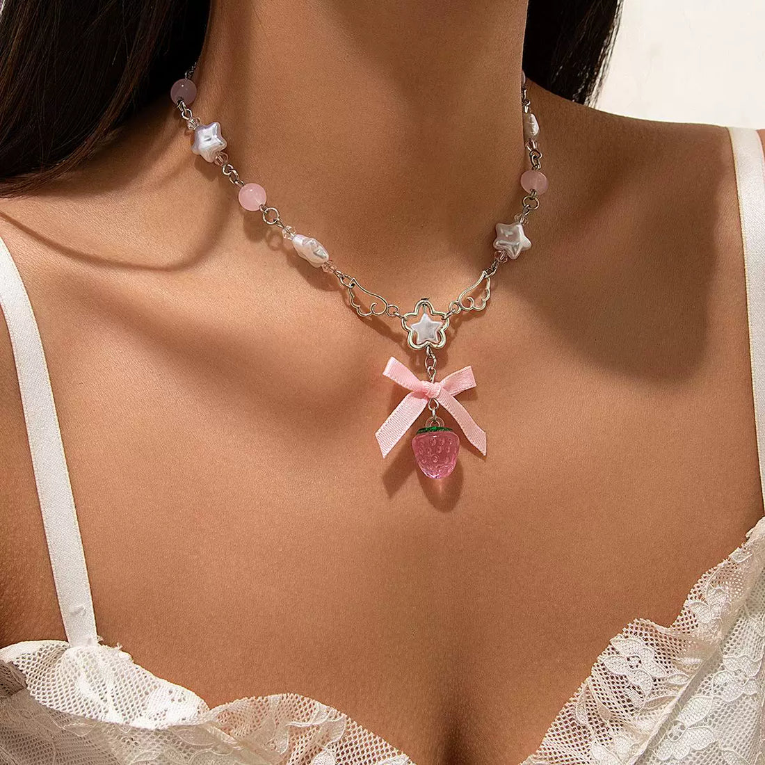Missy Jewelry - Ciana Strawberry Bow Pendant Necklace - Pink Strawberry Necklace Color