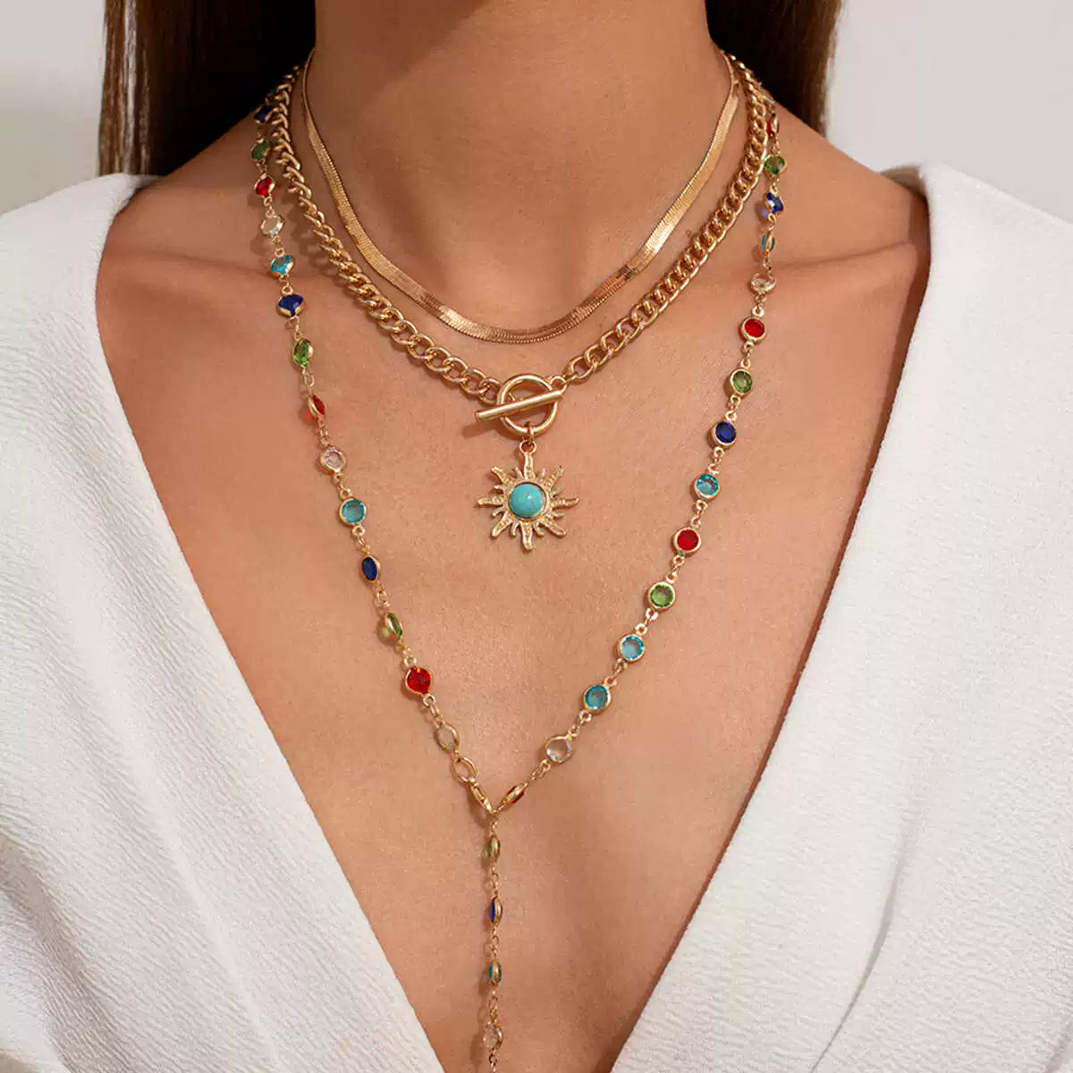 Missy Jewelry - Gabby Sun Pendant Layered Necklace - Gold Gemstone Sun Necklace Color